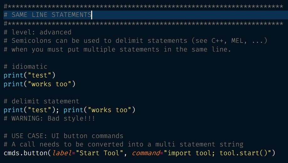 forknpipe's tweet photo. We are happy not to use them: semicolons;
but even in Python they can have a use.

#pythonprogramming #python #vfxartist #vfx #scripting #3dartist #CGI #programming #coding #pythonpost #pythonforeverybody #pythontraining https://t.co/4RbvDPuyUH