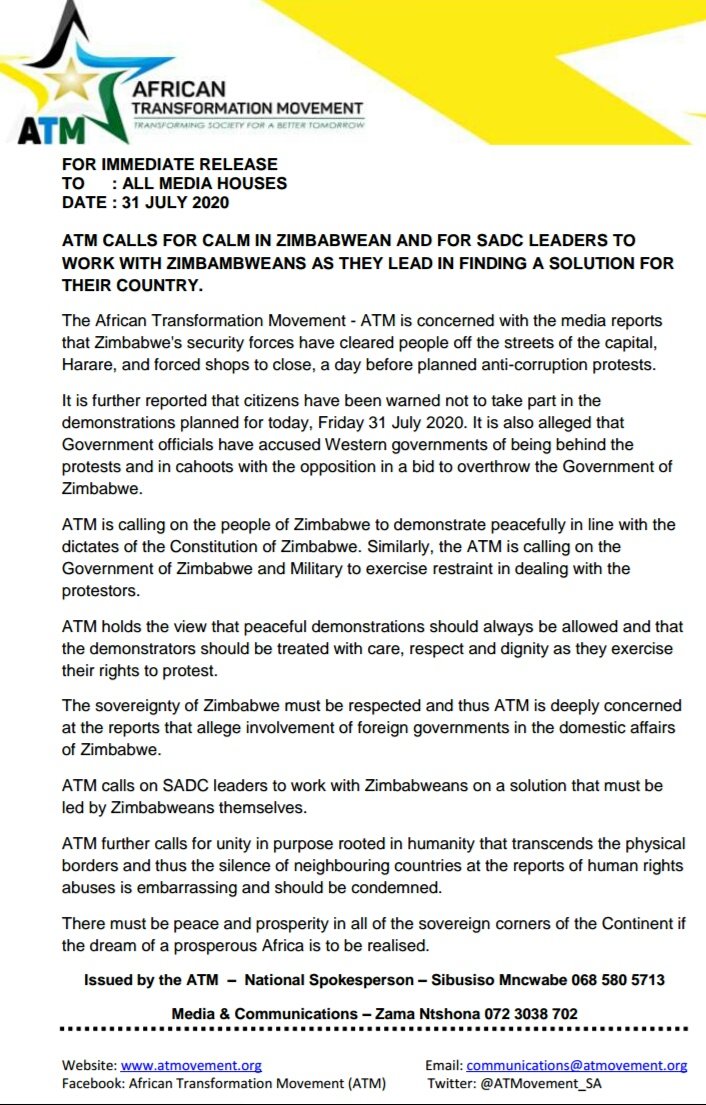 ATMovement_SA's tweet photo. [READ]

ATM calls for calm in Zimbabwe and for SADC leaders to work with Zimbabweans as they lead in finding a solution for their country.

#anticorruptionmarch
#Zimbabwe https://t.co/emP4Nd0oYo