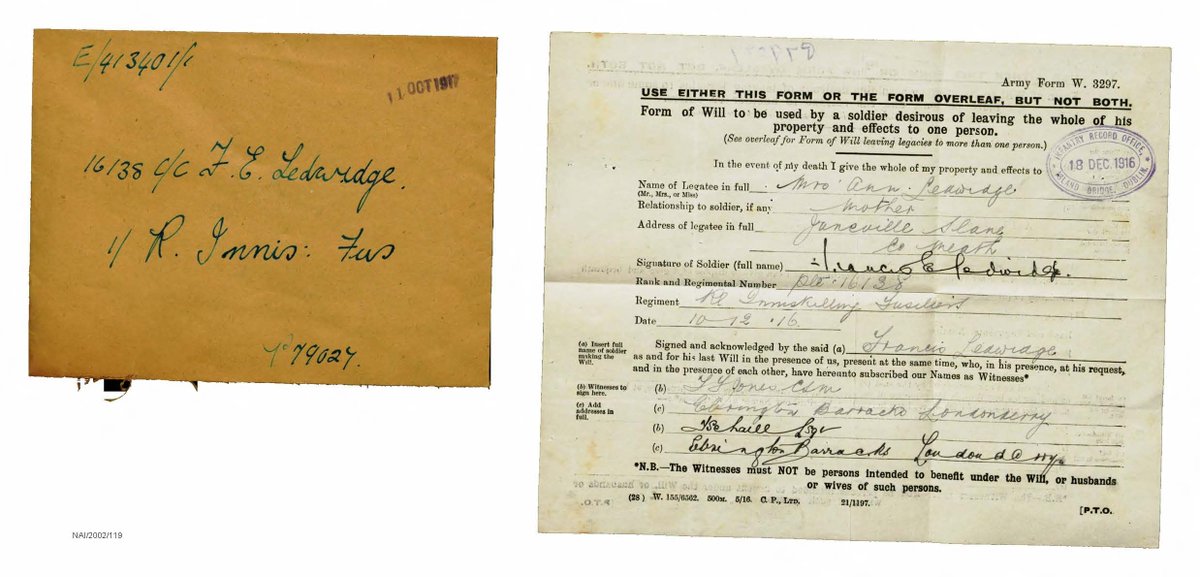 NARIreland's tweet photo. #OTD in 1917 the war poet and soldier from Co. Meath, Francis Ledwidge, died at the Battle of Passchendaele aged 29. We hold his will as part of our Soldiers Wills collection which can be searched and viewed here: https://t.co/Tug2kBkAOm #ArchiveZ..L is for #Ledwidge https://t.co/kfePqgzFIS