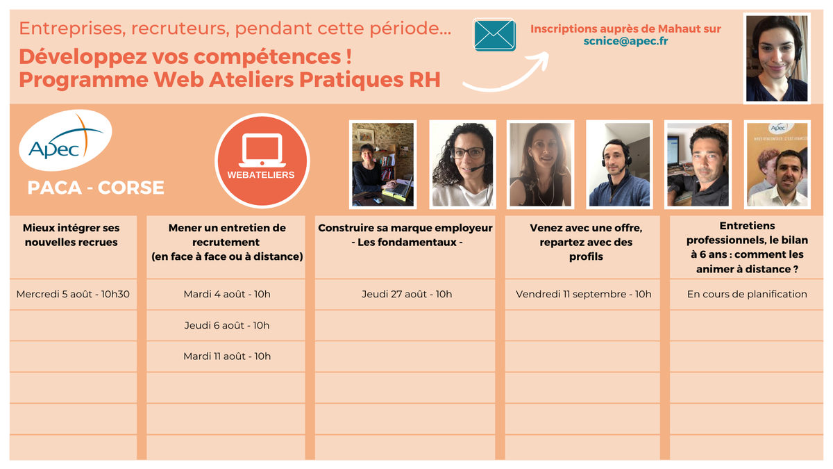 📣[Programme d'Août]
#recruteurs #entreprises envie de perfectionner vos pratiques #RH ?
Nos consultants entreprises vous proposent de participer à l'un (ou plusieurs) de leurs ateliers 100% digital pendant la période estivale.
Inscription auprès de Mahaut scnice@apec.fr