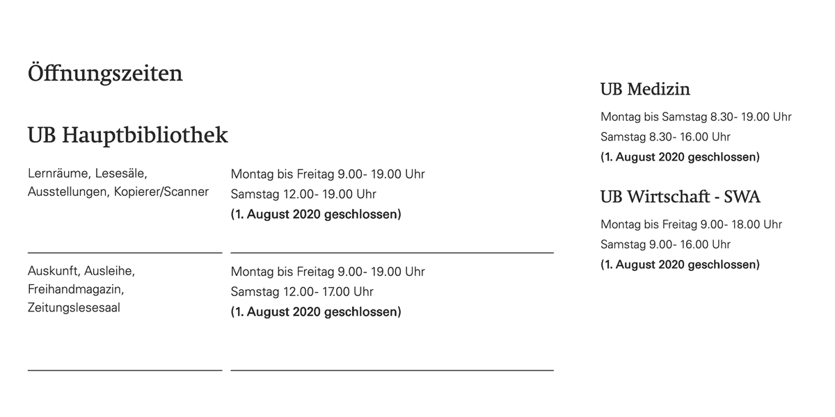 Status_UBBasel's tweet photo. Samstag 1. August 2020: 
UB Hauptbibliothek
UB Medizin
UB Wirtschaft - SWA
bleiben geschlossen
https://t.co/wVBD2Vp98m https://t.co/87COPy5P7F