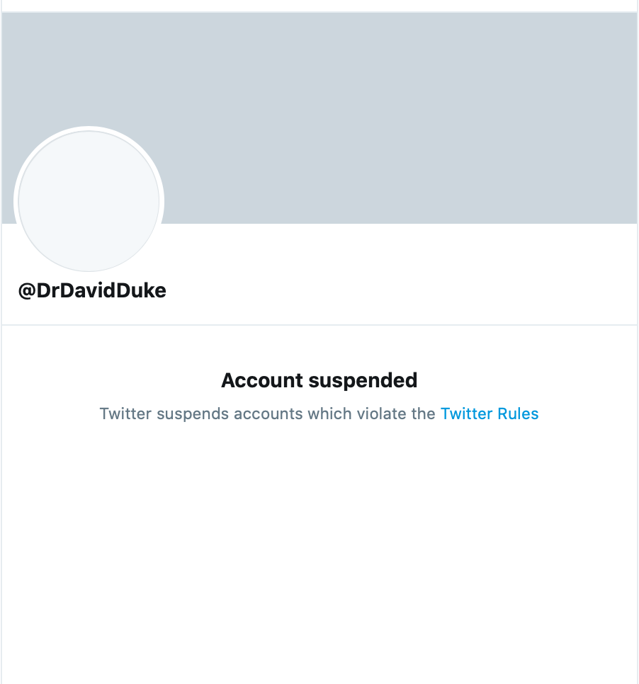 In other news, David Duke has been banned by Twitter...  https://twitter.com/DrDavidDuke&nbsp; Took you long enough  @Twitter