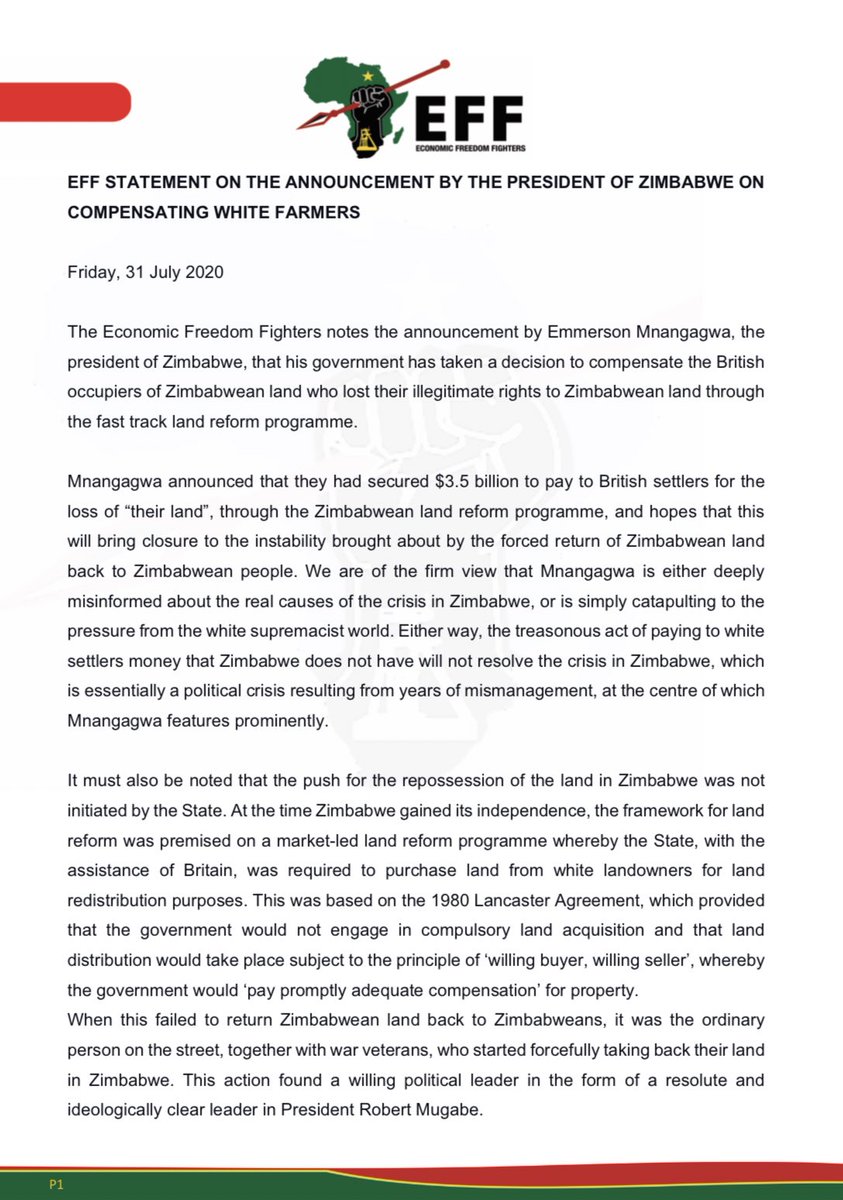 EFFSouthAfrica's tweet photo. EFF Statement on the Announcement by the President of Zimbabwe on Compensating White Farmers https://t.co/JTVZ69uSdS