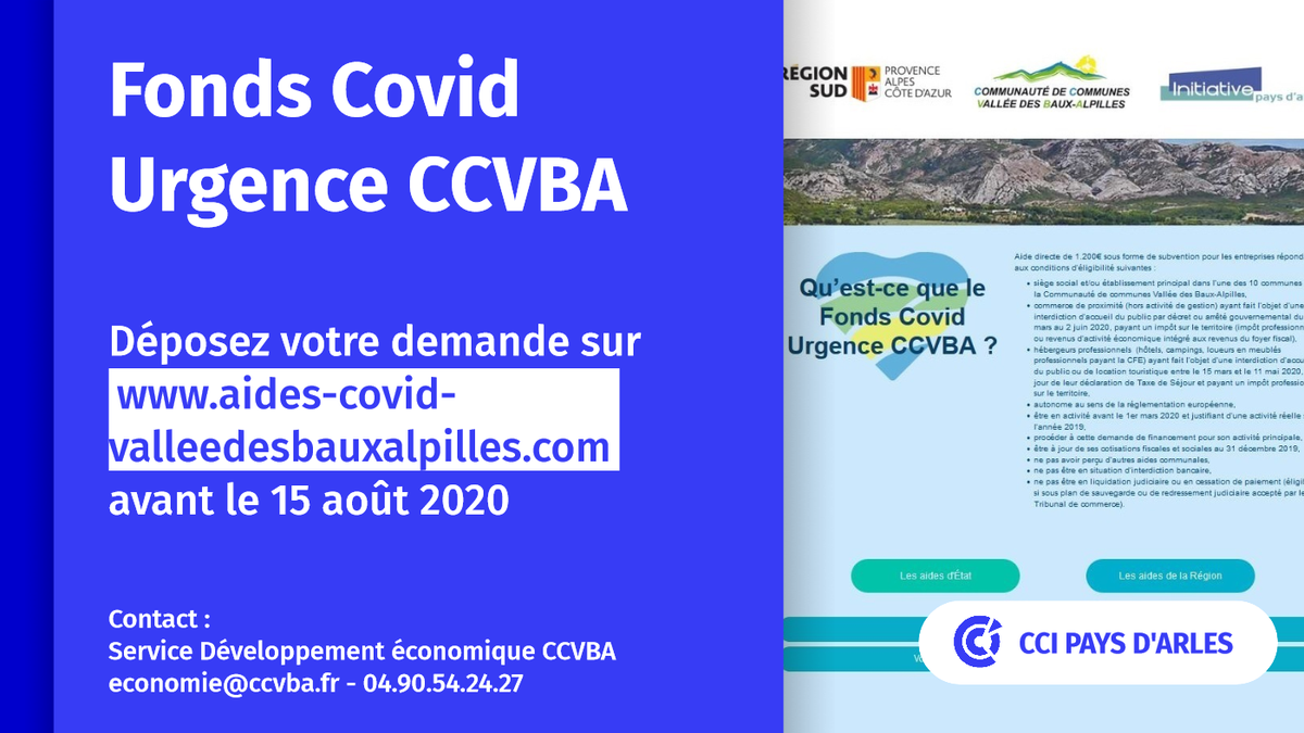 CCIPAYSARLES's tweet photo. #AvosCôtés 🔗
Entrepreneurs situés dans une commune de la Communauté de communes de la Vallée des Baux Alpilles, vous avez jusqu'au 15 août pour déposer votre demande au Fonds Covid Urgence CCVBA
▶️ https://t.co/tK3uBLhgnv
#SoutenonsNosEntreprise #CCVBA https://t.co/Or9WLFa7Wh https://t.co/IK3X7SVwFL