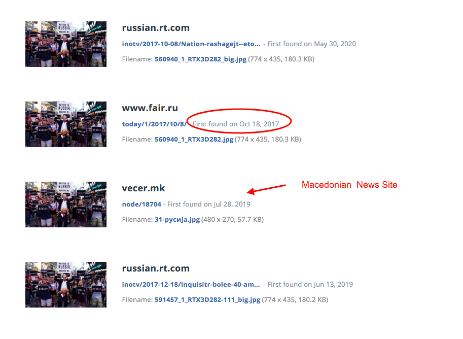 The  #Russiagate image was also found on an obscure Russian website called fair[.]ru on October 18, 2017.  @Tineye found 18 total results & included Vecer[.]mk a Macedonian News site founded in 2004 and results for Italian and Bulgarian news sites  #disinfo  #osint  #InfoOps