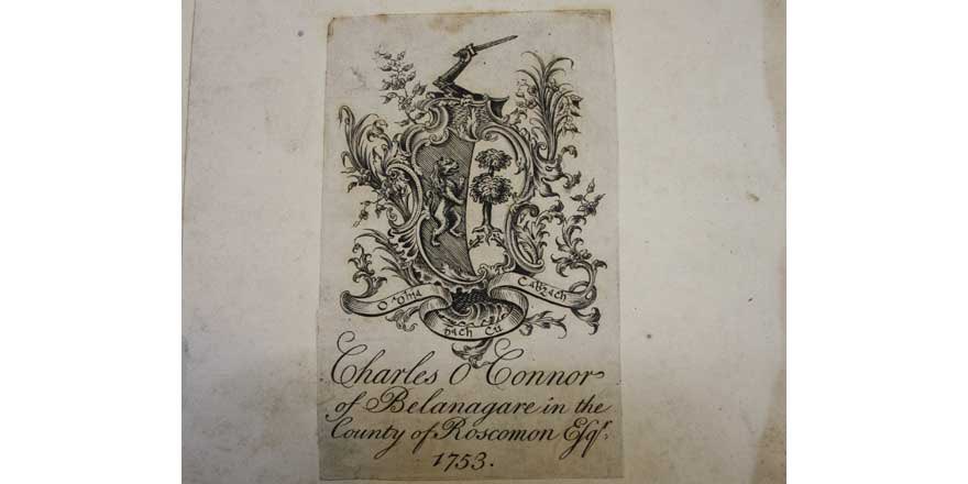 The old eighteenth-century binding includes Charles O’Conor’s bookplate on the inside back cover.