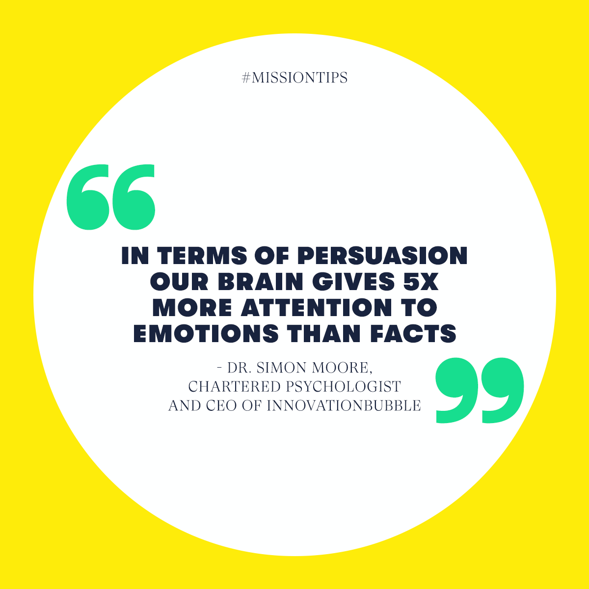 themissiongroup's tweet photo. “In terms of persuasion, our brain gives 5x more attention to emotions than facts.” – Dr Simon Moore, Chartered Psychologist and CEO of @Innobub #MISSIONTips https://t.co/Ux8aDmpn2o