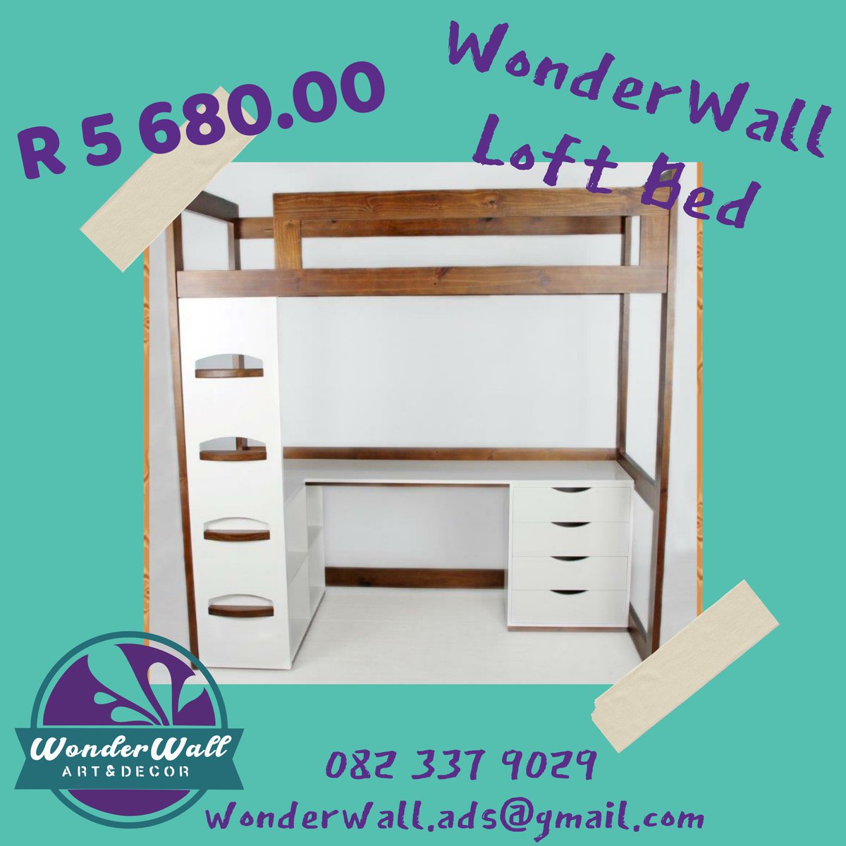 WonderWall Loft bed - R 5680.00
Place orders
082 337 9029
Wonderwall.ads@gmail.com 
Follow us on Facebook:
facebook.com/Wonderwallfurn/
#ilovemyhome #stylemyhome #design #woodworking #decor #spacesaver #workfromhome #workfromhomelife #homebusiness #homedecor #interiordesign #furniture