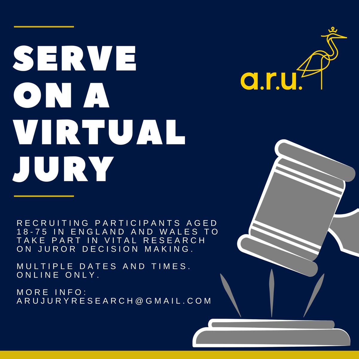 ⚖️ Serve as a juror in an online rape trial ⚖️ 
For more info contact: ARUjuryresearch@gmail.com 
#GetInvolved #research <a href="/AngliaRuskin/">ARU</a> @PIERatARU <a href="/ARUcriminology/">Criminology @ ARU</a> <a href="/VAWGRN/">VAWG Research Network</a> <a href="/NoMoreRapeMyths/">No More Rape Myths</a> <a href="/talk_research/">Talking Research Podcast</a> <a href="/CFP_uk/">CallForParticipants</a>