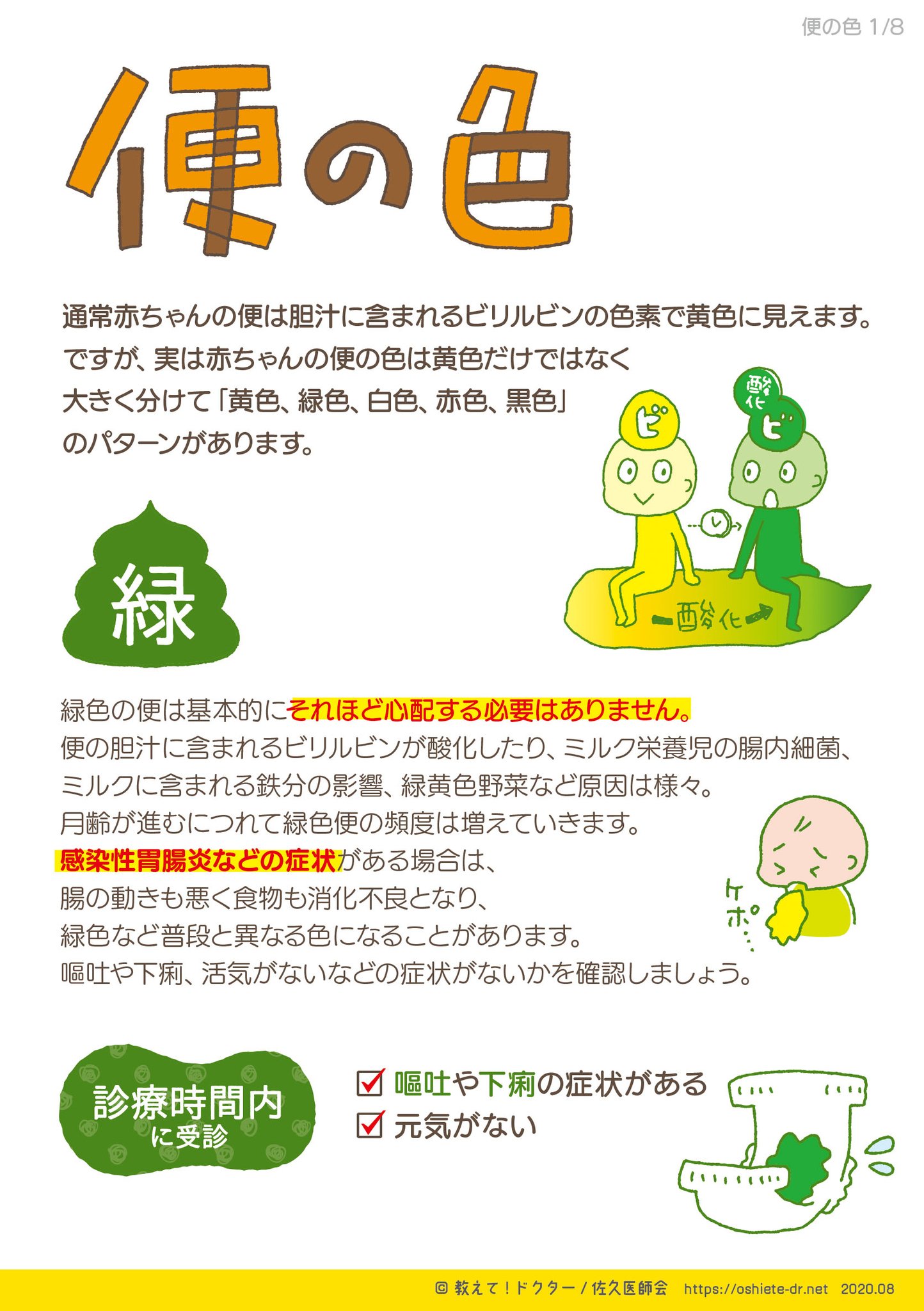 教えてドクター佐久 無料アプリ配信中 赤ちゃんの便の色が気になる と心配な保護者の皆さん向けに 便の色のまとめフライヤーを作りました 緑色便 白色便 血便 黒色便 ごとの説明と 受診の目安や 受診したときに伝えてほしいことをまとめてます 教えてドクター佐久 無料アプリ配信中 赤ちゃんの便の色が気になる と心配な保護者の皆さん向けに 便の色のまとめフライヤーを作りました 緑色便 白色便 血便 黒色便 ごとの説明と 受診の目安や 受診したときに伝えてほしいことをまとめてます
