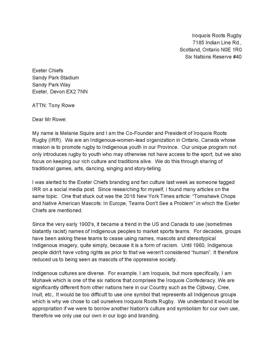 ExChiefs4Change's tweet photo. As @bloodandmud listeners will know, @rootsrugby sent a letter to Tony Rowe about why @ExeterChiefs branding and all that goes along with it is insulting to them and other Indigenous communities.

With Melanie's permission, we are able to share the contents of that letter today. https://t.co/KQTPFBPpKP