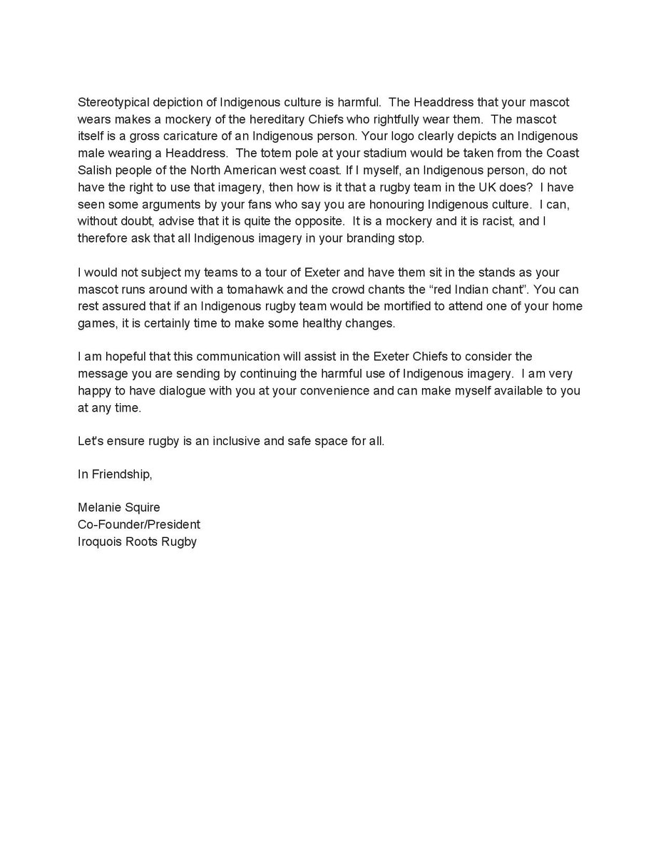 ExChiefs4Change's tweet photo. As @bloodandmud listeners will know, @rootsrugby sent a letter to Tony Rowe about why @ExeterChiefs branding and all that goes along with it is insulting to them and other Indigenous communities.

With Melanie's permission, we are able to share the contents of that letter today. https://t.co/KQTPFBPpKP