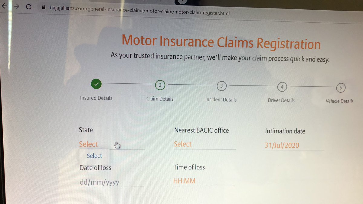 Rohan_nd's tweet photo. @BajajAllianz facing error on ur website, can’t register 2 wheeler claim. No drop-down menu for State &amp; nearest office. Even Cust care number - noone picking up call since last 1 hour where I made multiple attempts. https://t.co/UcnA8XoJkT