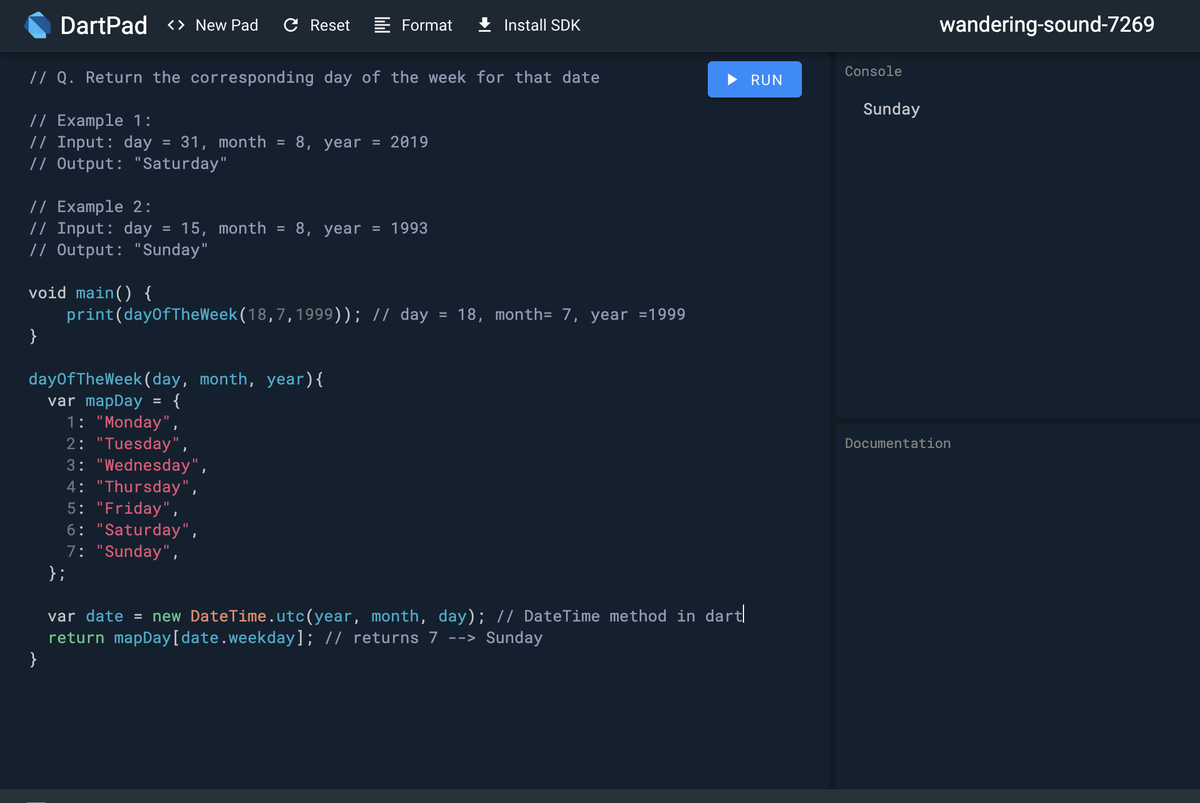 KurosakiCoder's tweet photo. 38th day of #100DaysOfCode Day of the Week #leetcode
#leetcodesolution #dart #javascript https://t.co/wgTC34hMj0