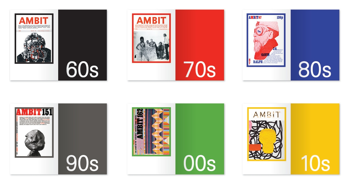 ambitmagazine's tweet photo. Here are the 6 covers chosen for each #decade of #AmbitMagazine. See them all in #Ambit237 which is on #sale for £15 (usually £20) till TOMORROW. Quick! Grab history now! www. https://t.co/XOuAjwTEZB https://t.co/1yyITUoFos