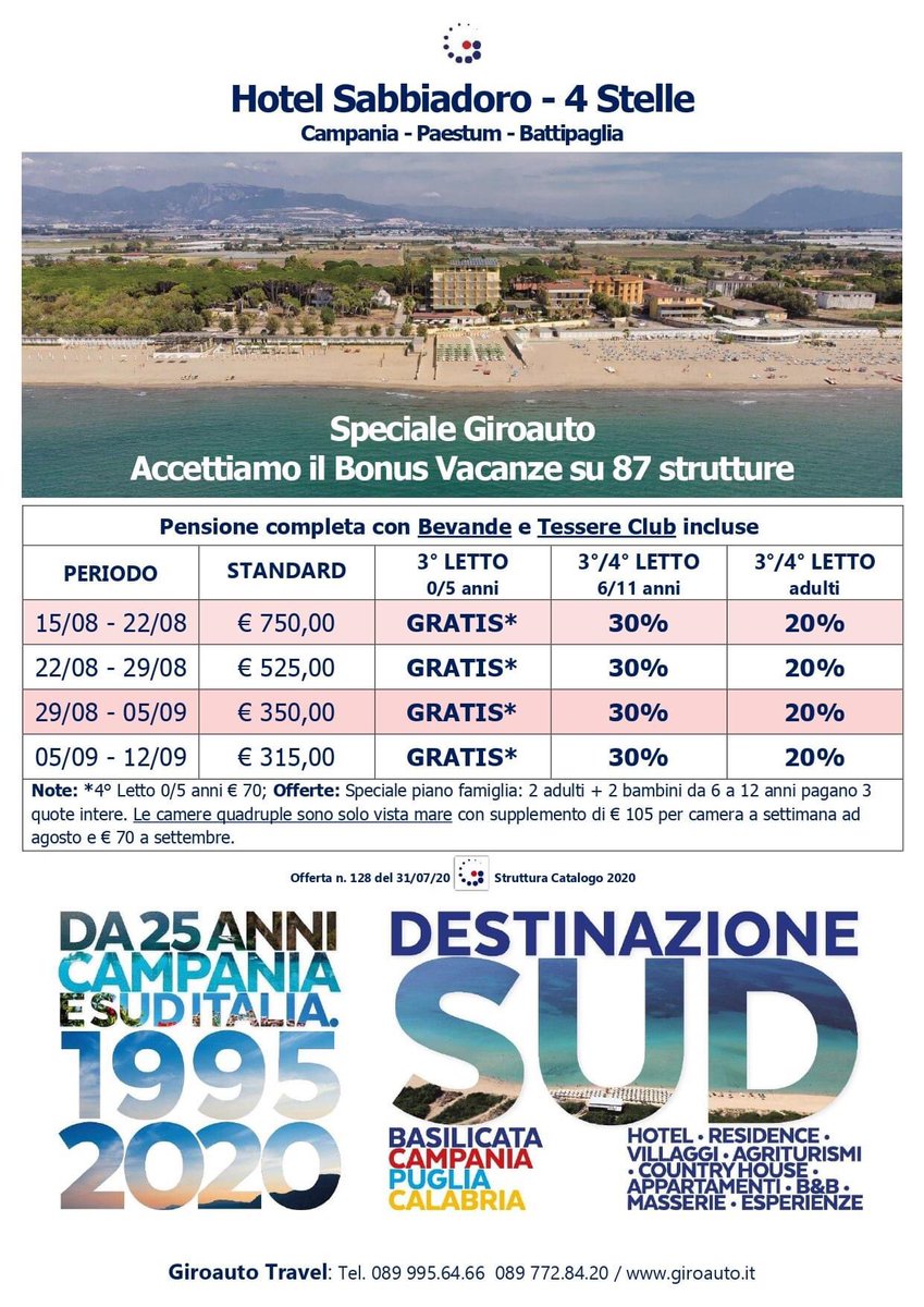 GiroautoT's tweet photo. 🔴 SPECIALE HOTEL SABBIADORO 

🌊 Offerta settimanale in splendido Hotel 4 Stelle direttamente sul mare.

📲 Per info e prenotazioni chiamaci allo 089 9956466 https://t.co/u8rjXfTHT5