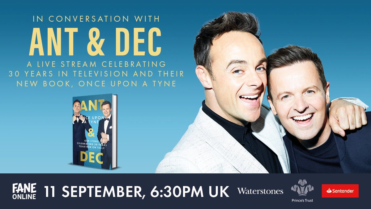 antanddec's tweet photo. As we can’t meet you for a book tour, we thought why not have a ‘virtual’ natter instead?! Chatting stories from #OnceUponATyne and our 30 years in telly. We’d love you to join us! @SantanderUK are proud sponsors of the event in aid of @PrincesTrust👇

https://t.co/UqzVf4rbq9 https://t.co/GvpCmHp0k1