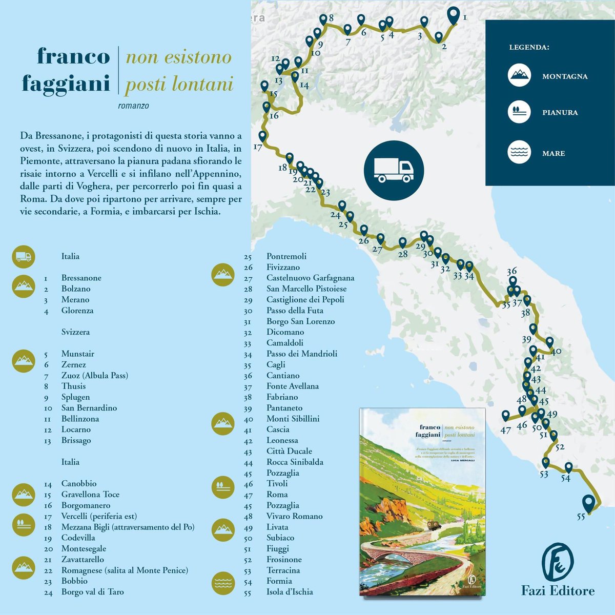 La cartina dei luoghi toccati dai due protagonisti di #NonEsistonoPostiLontani il nuovo romanzo di <a href="/francofaggia/">Franco Faggiani</a> un viaggio a due tagliando l’Italia da nord a sud nel periodo più cruento della guerra.