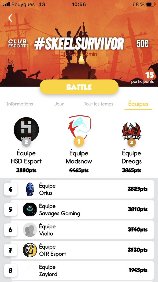SkeelApp's tweet photo. Dernière ligne droite pour le Skeel Survivor ! 🚨

Tout est possible ! Quelle équipe remportera le cash prize ? 🧐
Venez voter pour la team avec le plus de skill sur #Fortnite ! 📲

@Team_Madsnow @SvGGaming5 @ORSesport @DreagsEsport @EVialto @otr_esport @Team_HsD @EsportZaylord https://t.co/wQEWujwVSg