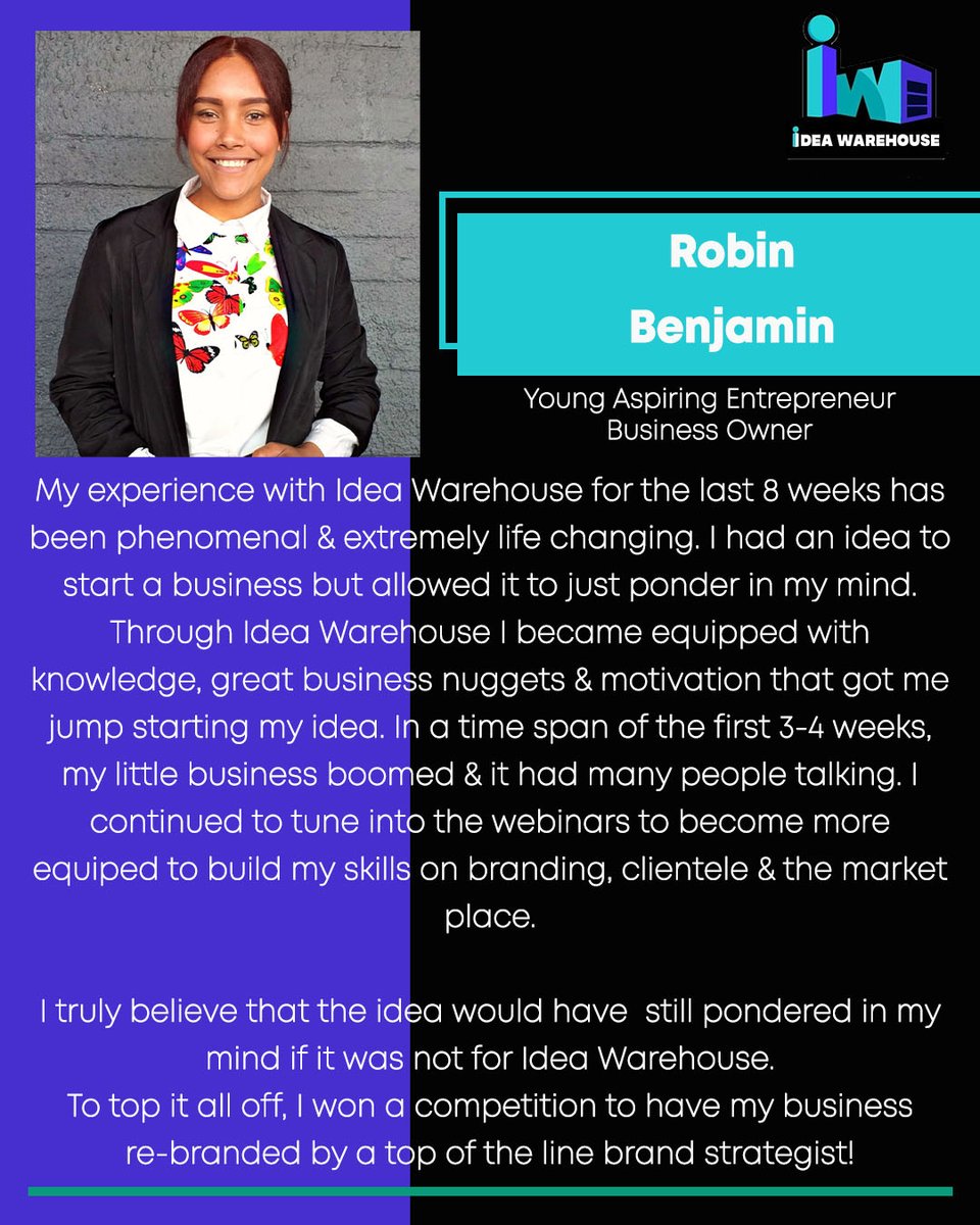 Idea_Warehouse's tweet photo. Young aspiring entrepreneur &amp; business owner Robin Benjamin shares his experience of the last 8 weeks &amp; how Idea Warehouse has impacted her &amp; her business Ms. B Presents https://t.co/KrmAjrFvi2