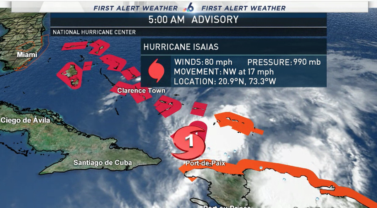 AngieLassman's tweet image. Friday 5AM Advisory..

#HurricaneIsaias is currently a cat 1 hurricane but is expected to strengthen to cat 2 over the Bahamas. Heavy rain &amp;amp; strong winds spreading into Bahamas today.

Impacts for South Florida remain the same.

More details on @nbc6 nbcmiami.com/weather!