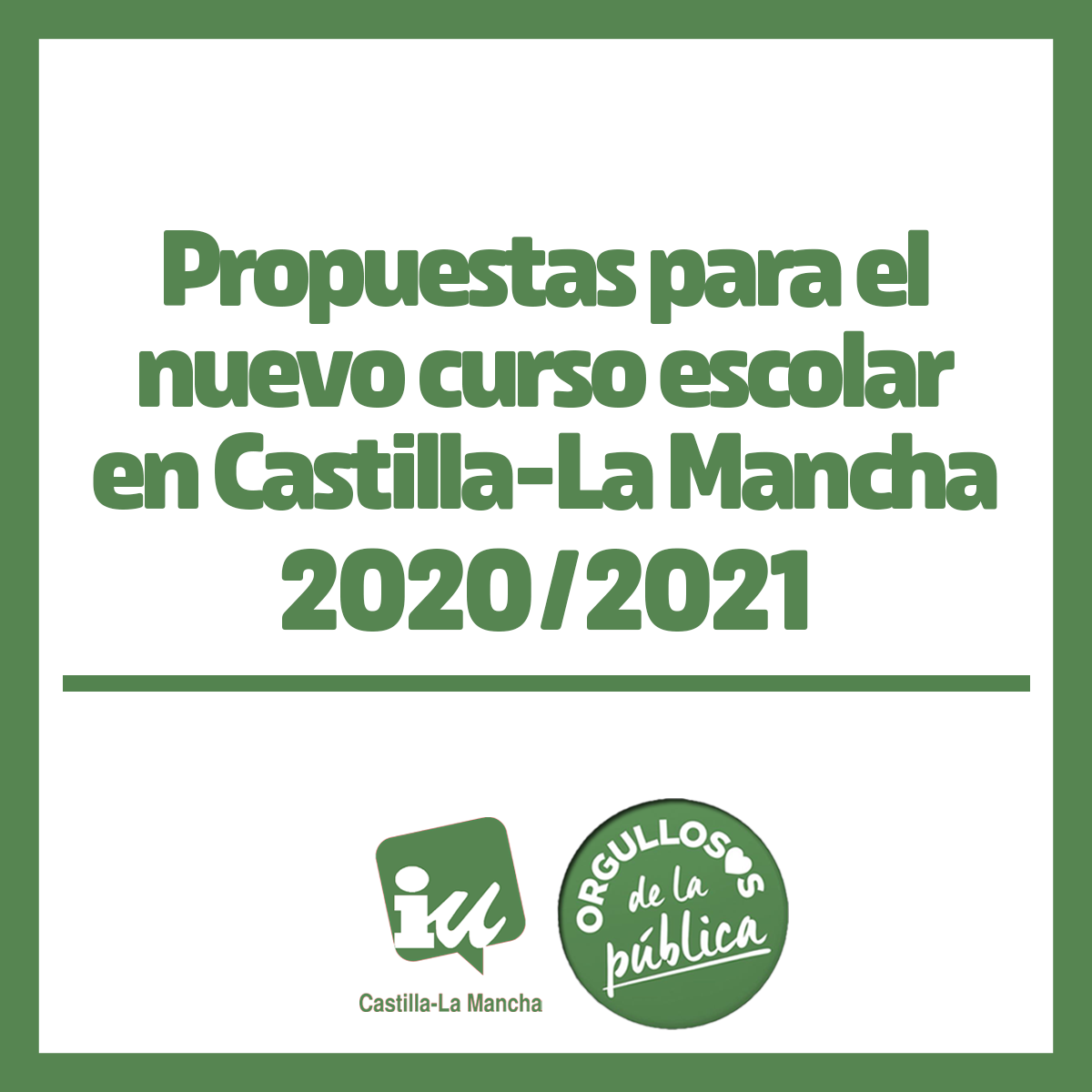 iuclm's tweet photo. 💚 A un mes del nuevo curso escolar 2020/2021 seguimos esperando noticias de la Consejería de Educación y del Gobierno #CLM 

‼️ En IU CLM os presentamos nuestras propuestas para este nuevo curso en este #HILO 👇

#CursoEscolarCLM https://t.co/h9SZIOHLk4