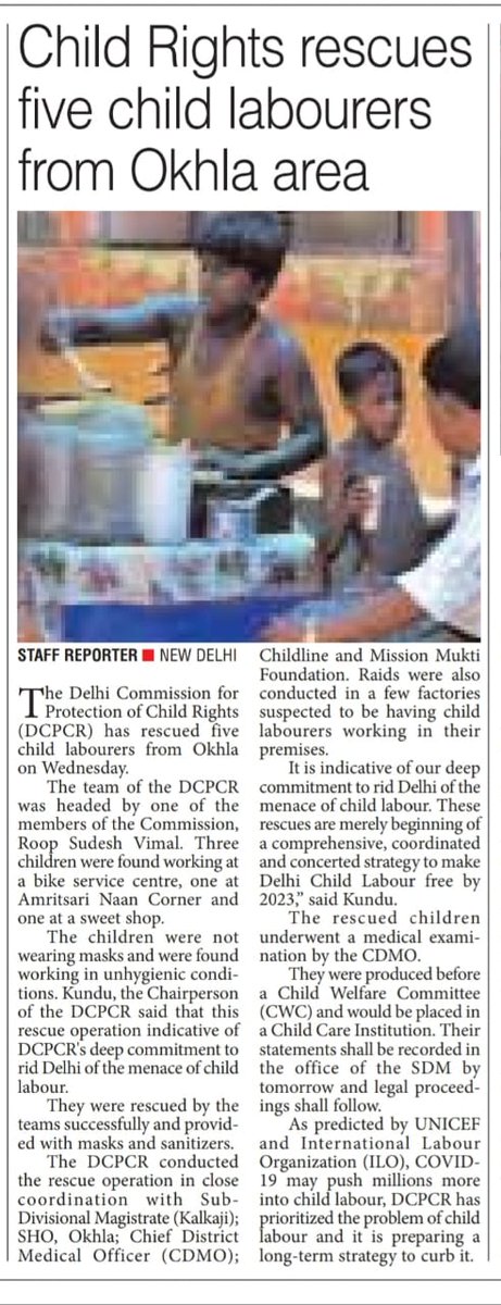 [Child Labour]In the last 2-3 weeks,  @DCPCR has worked closely with  @DelhiPolice, SDMs, Labour Department, and NGOs like  @BBAIndia and rescued 25 children labours from various factories, and shops. Have ensured that SDMs seal 12 such factories/shops & penalties imposed on all