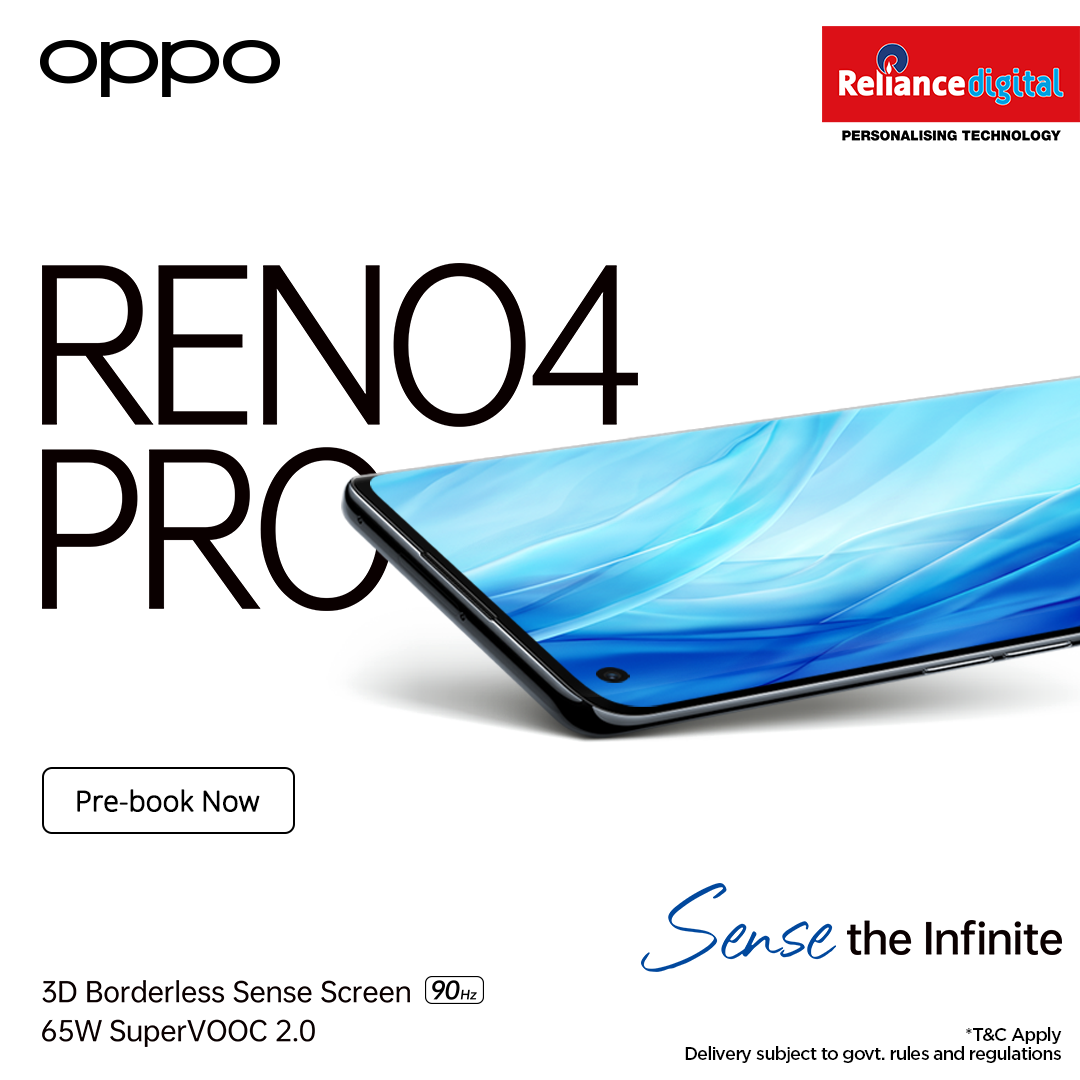RelianceDigital's tweet photo. Oppo Reno4 Pro's 90 Hz Refresh Rate Screen makes the smartphone a masterpiece! Pre-book on https://t.co/rHRgMyGAsE. Enjoy fastest & safe delivery (from a store near you). T&C Apply. Delivery subject to govt. rules & regulations. #SenseTheInfinite #TrueBorderlessExperience https://t.co/EBtrXbAasF