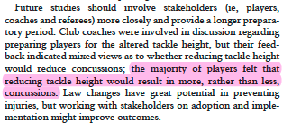 So what is my issue... 1. The players themselves perceived that the trial WOULD INCREASE the risk of concussion (Note the tense of the language to suggest that the consultation was conducted before the trial was implemented). 4/