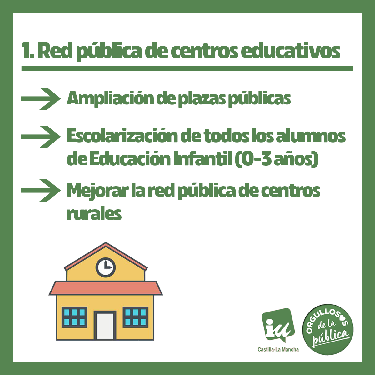 iuclm's tweet photo. 1⃣ Reforzar la red pública de centros educativos y ampliación de las plazas en estos. #CursoEscolarCLM https://t.co/bZQurEo0Uo