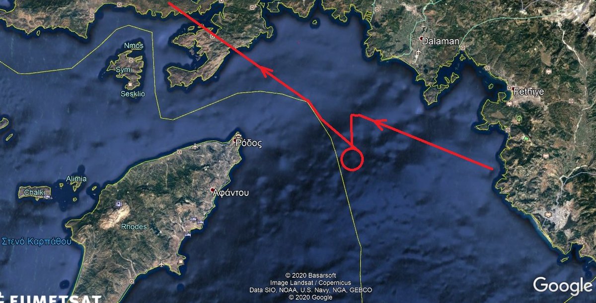 NTriantis's tweet photo. Last night a #Turkish #TB2 UAV (#TCB810) was patrolling the #Greek-Turkish sea border. There was an area of interest 16 miles east of the #Rhodes coast. The accuracy of the flight to avoid the violation of the #GreekEEZ in accordance with International Maritime Law is remarkable. https://t.co/YfBfFTBVhE
