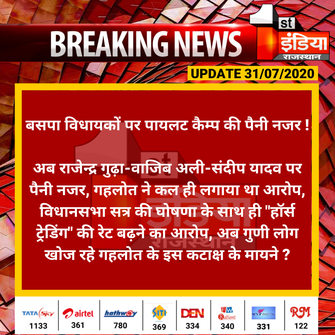 1stIndiaNews's tweet photo. #RajasthanPoliticalCrisis: बसपा विधायकों पर पायलट कैम्प की पैनी नजर !

अब राजेन्द्र गुढ़ा-वाजिब अली-संदीप यादव पर पैनी नजर, गहलोत ने कल ही लगाया था आरोप, विधानसभा सत्र की घोषणा के साथ ही "हॉर्स ट्रेडिंग" की रेट बढ़ने का आरोप...  

#GehlotVsPilot #HorseTrading @SachinPilot https://t.co/1aCT9tSwRY