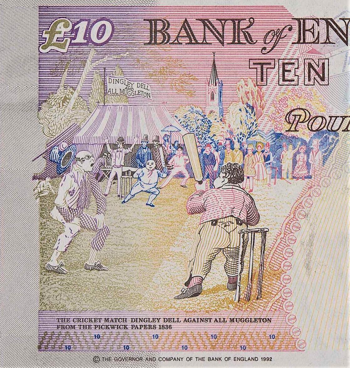 boemuseum's tweet photo. The £10 series E banknote featuring Charles Dickens was withdrawn #OTD 2003. The note featured an illustration of the cricket match between Dingley Dell and All Muggleton, from The Pickwick Papers. The illustration is based on an original by R.W. Buss. @DickensMuseum https://t.co/Q6dI8iIYU4