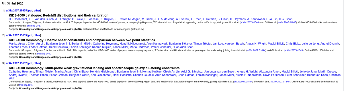 The KiDS collaboration proudly presents the 2nd series of 3 papers presenting its photo-z, cosmic shear, &amp; 3x2pt results! 

Check also this link if you miss the webinar of yesterday!
kids.strw.leidenuniv.nl/KiDS-1000.php