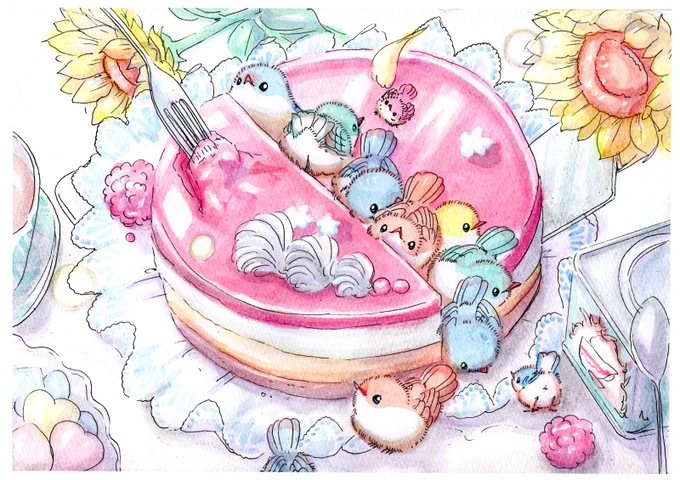 ストロベリーチーズケーキに挟まれる?
#イラスト #鳥 #アナログ 