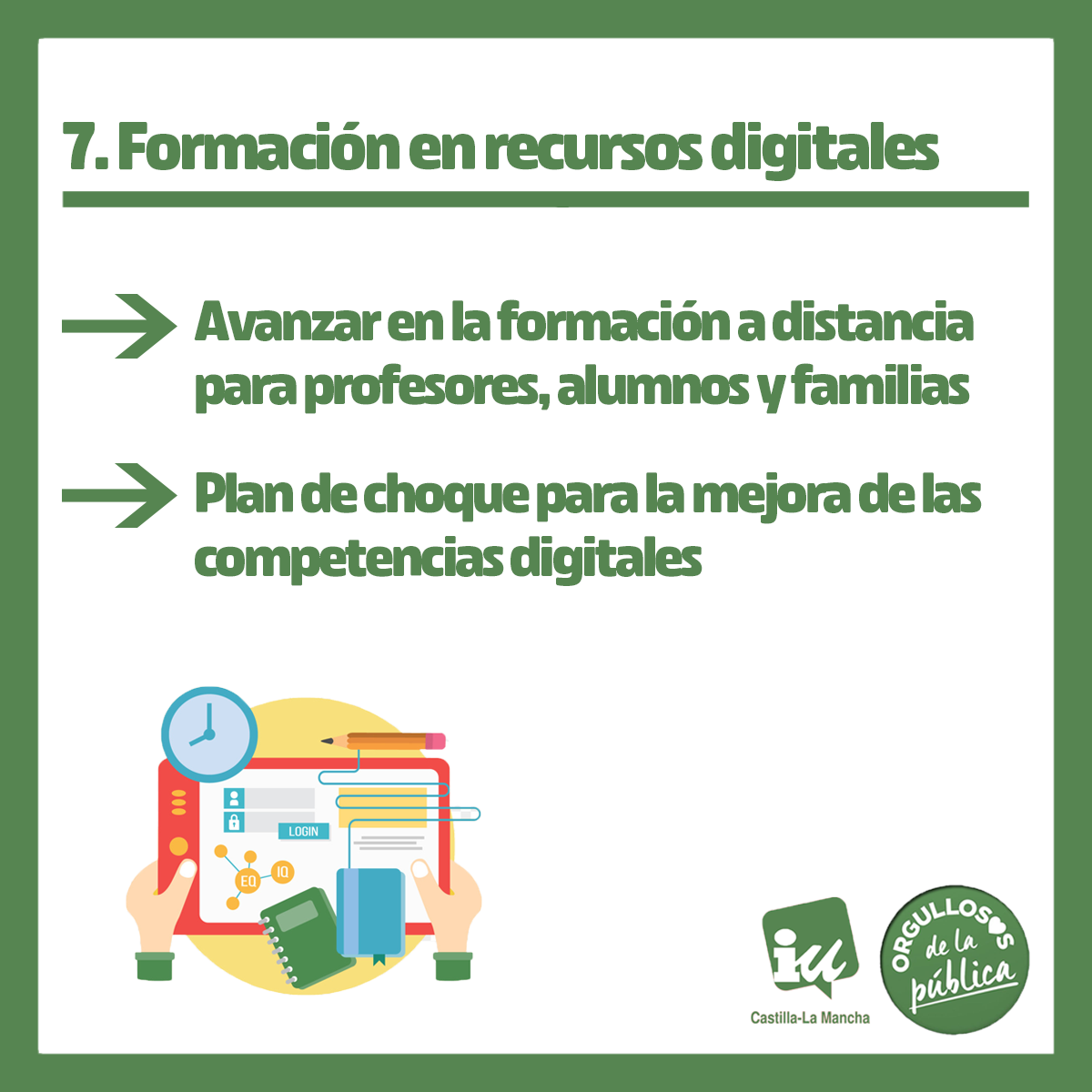 iuclm's tweet photo. 7⃣ Plan de choque dirigido al profesorado, alumnado y a las familias de centros públicos para revertir las consecuencias de la brecha digital y avanzar en la formación a distancia.

#CursoEscolarCLM https://t.co/XY04mjLt6i