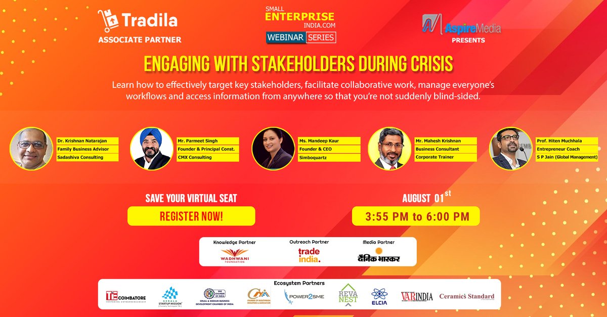 Tradila_Ecom's tweet photo. Aspire Media, in association with Tradila, is organizing next edition of webinar series tomorrow on engaging with stakeholders during crisis. Register now: https://t.co/SU1npRdCEE

#SMEs #SmallBusiness #Stakeholders #COVID19 https://t.co/UeOESjPIHw