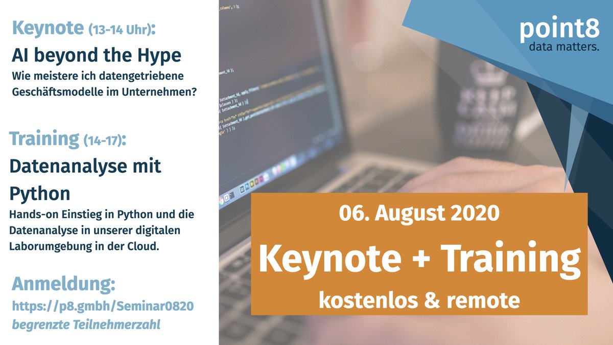 Brauchen wir wirklich alle #KI und was steckt eigentlich dahinter? Nur ein aktueller #Hype oder Potential mit Nachhaltigkeit? Mehr dazu in unserem #kostenlosen Online-Seminar in der nächsten Woche. Anmelden unter: p8.gmbh/Seminar0820 #onlinelearning #python #DataScience #AI