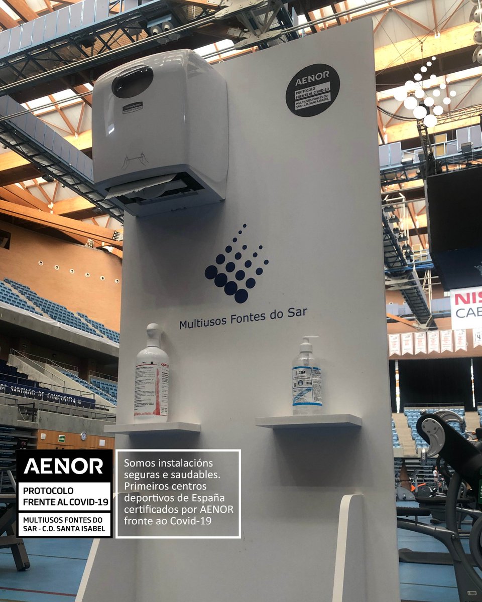 sar_santaisabel's tweet photo. SOMOS CENTROS SEGUROS E SAUDABLES 👍 Adestra tranquilo, nas instalacións contamos con 26 estacións de limpeza en diferentes puntos con xel hidroalcohólico, spray con produto homologado para a desinfección de máquinas, papel e papeleiras ✅ #somosmultiusos #santaisabel #AENOR https://t.co/IWVdr0hQZF