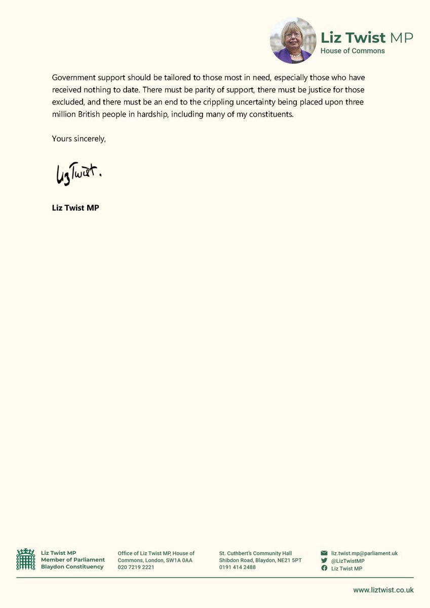 My letter to <a href="/rishisunak/">Rishi Sunak</a> regarding the three million excluded from #covid19 financial support.

There must be an end to the crippling uncertainty being placed upon three million people in hardship, including many of my constituents.

<a href="/excludeduk/">ExcludedUK Official</a> #ExcludedUK