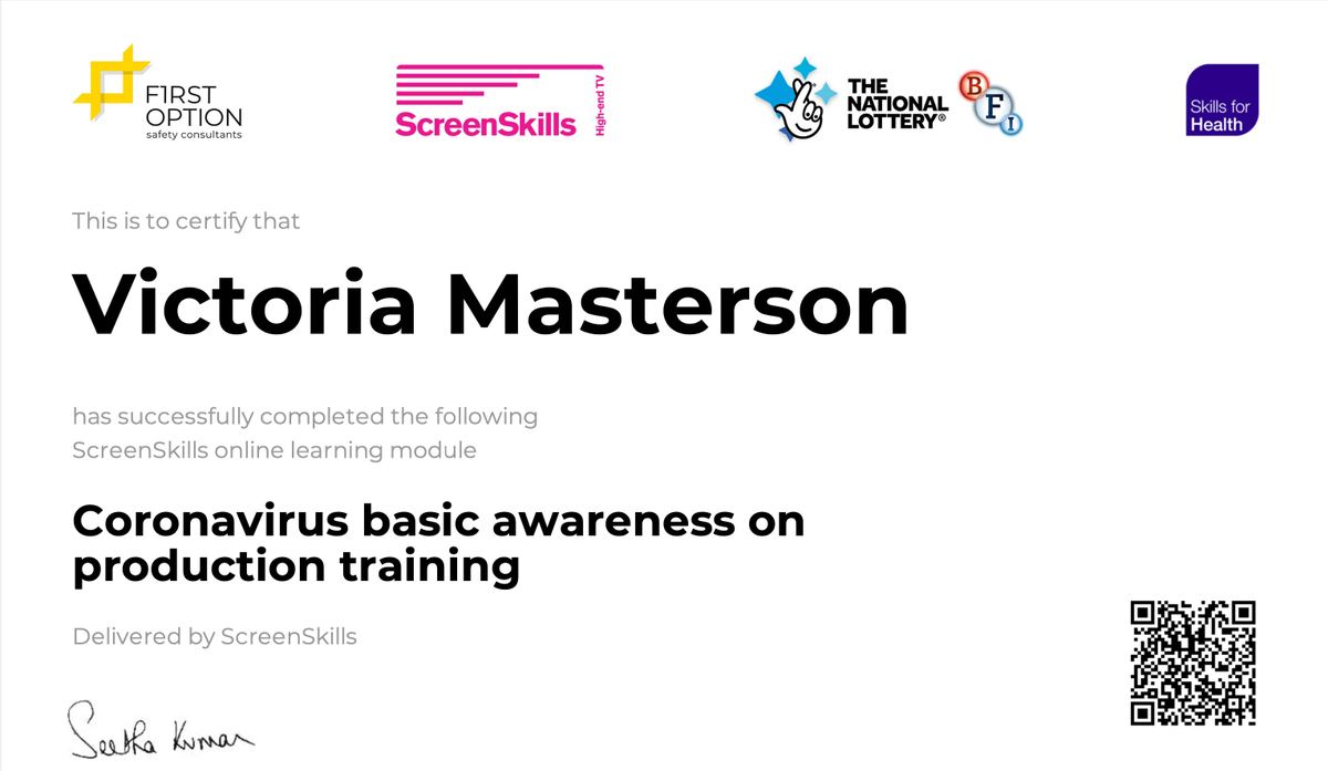 Vicky Masterson (@vickymasterson) on Twitter photo My #coronavirus production training certificate from #ScreenSkills <a href="/UKScreenSkills/">ScreenSkills</a> <a href="/IndieTraining/">ITF ScreenSkills</a> @ScreenSkillsFilm My #coronavirus production training certificate from #ScreenSkills <a href="/UKScreenSkills/">ScreenSkills</a> <a href="/IndieTraining/">ITF ScreenSkills</a> @ScreenSkillsFilm