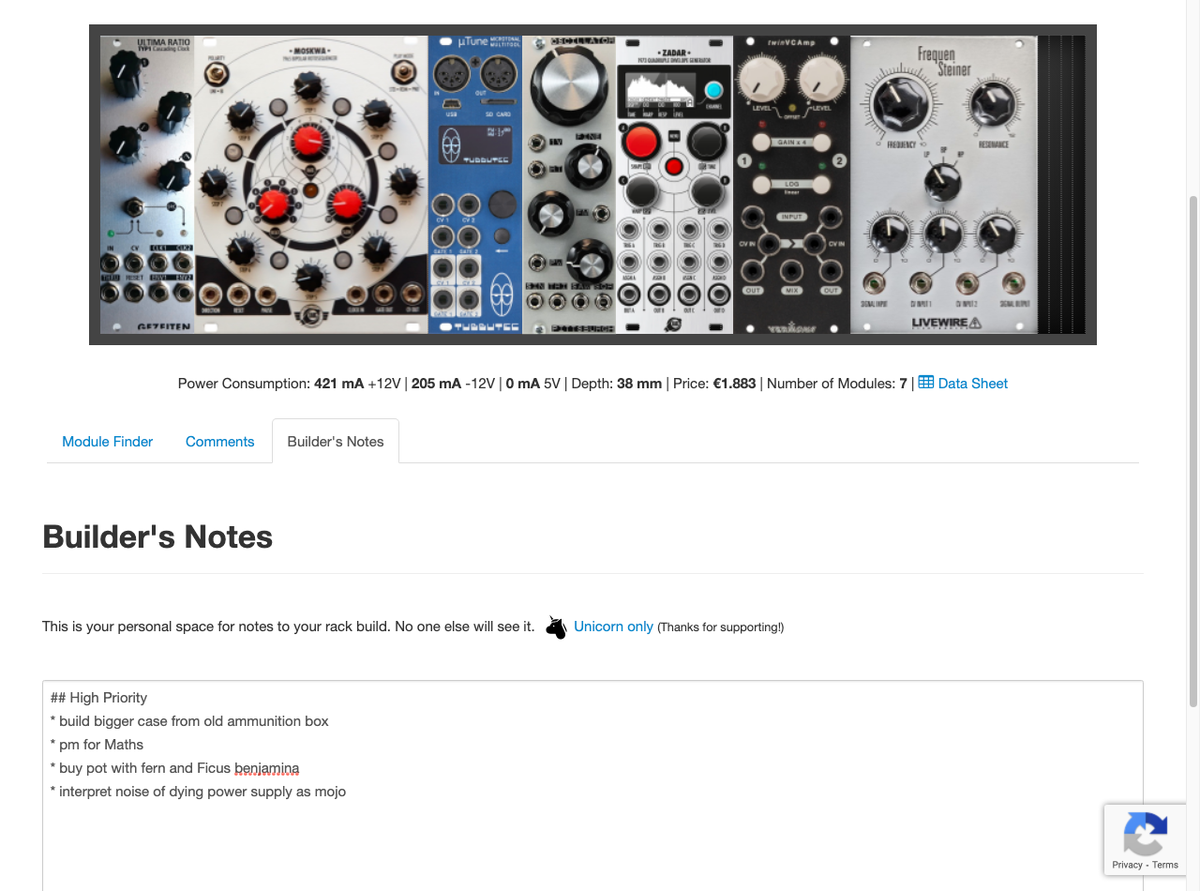 *Builder's Notes* lets you add and edit private text notes to your rack build. This is an exclusive feature for Unicorn users.