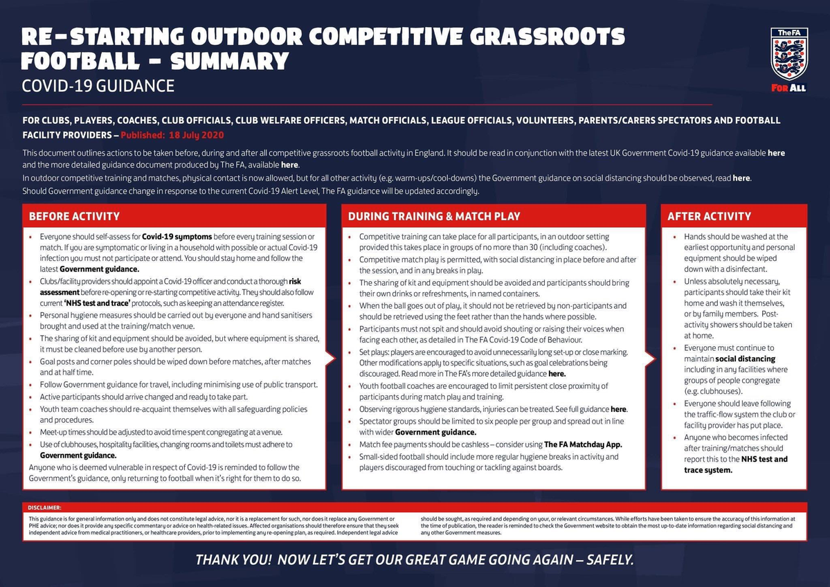 In the light of local lockdown provisions put in place yesterday evening all  <a href="/LancashireFA/">Lancashire FA</a> <a href="/Cheshire_FA/">Cheshire Football Association</a> <a href="/Manchester_FA/">Manchester Football Association</a> clubs are asked to continue to follow the FA Guidance issued on the 18th July 2020 unless otherwise instructed.