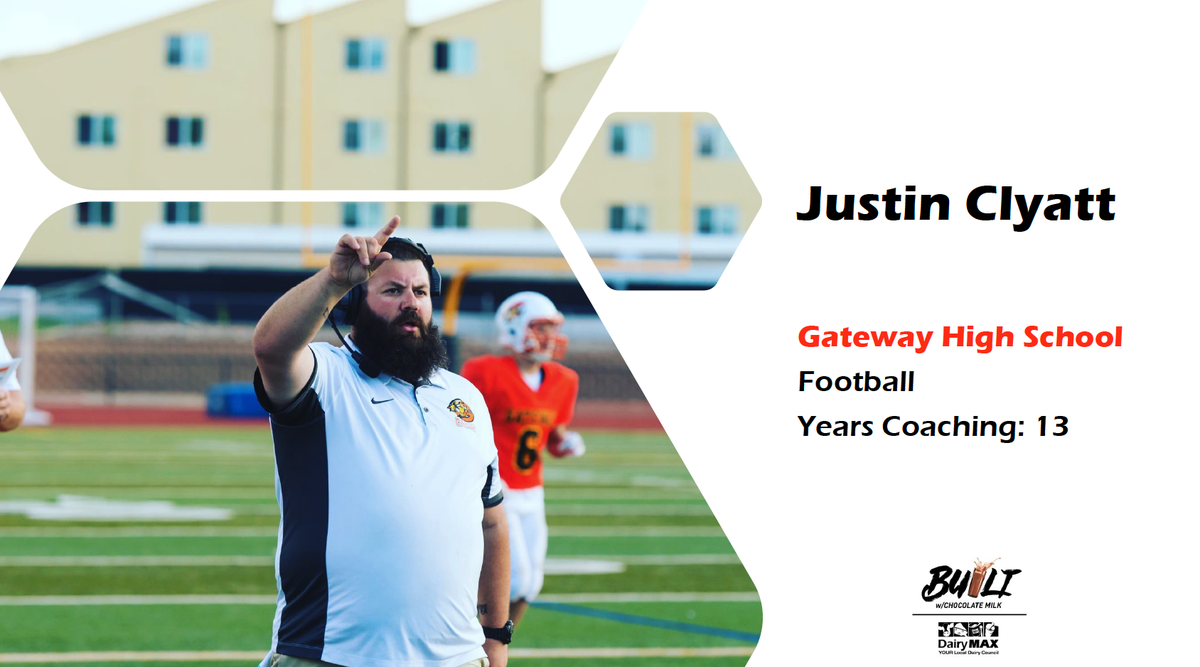 CHSAA's tweet photo. Congratulations to Justin Clyatt of Gateway football, the @DairyMAX assistant coach of the year! #copreps https://t.co/LuKfPxcAYZ