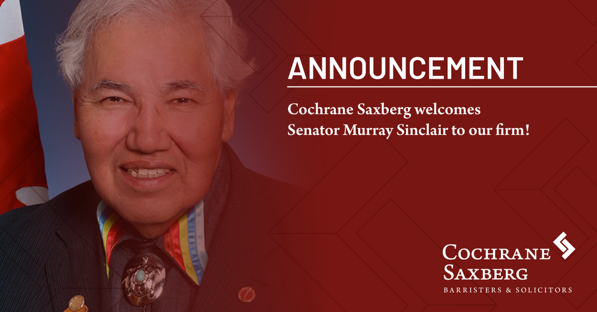 Cochrane Saxberg is thrilled that Senator Murray Sinclair will be joining our firm, bringing with him decades of legal expertise from working within Manitoba's justice system, and invaluable expertise on a wide range of issues. Welcome, <a href="/SenSincmurr/">Murray Sinclair</a>! bit.ly/39hezZo