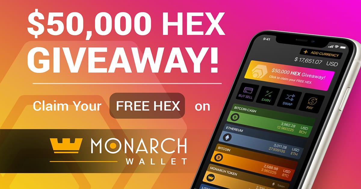🚀Monarch Wallet #Airdrop
💲 Rewards Pool: $50,000 in $HEX tokens

▪️ Download Monarch Wallet
Android bit.ly/3hTJeyP
iPhone apple.co/339AiBv
▪️ Create new wallet
▪️ Click "Claim your FREE HEX"
▪️ Done
▪️ Token distribution at the end of the campaign.

#Crypto