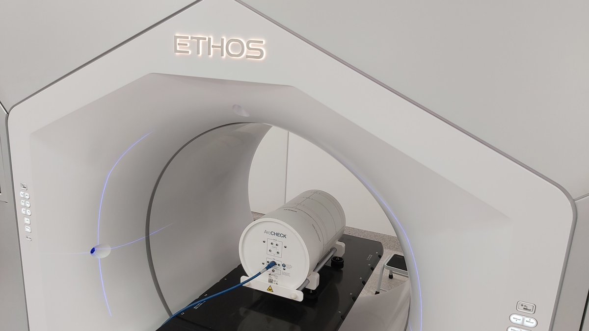 We’ve used  @sunnuclear ArcCHECK to measure the doses of reference and clinical plans, comparing the results with the plans from Ethos Treatment Management. Here's Ewan delivering a plan to ArcCHECK.