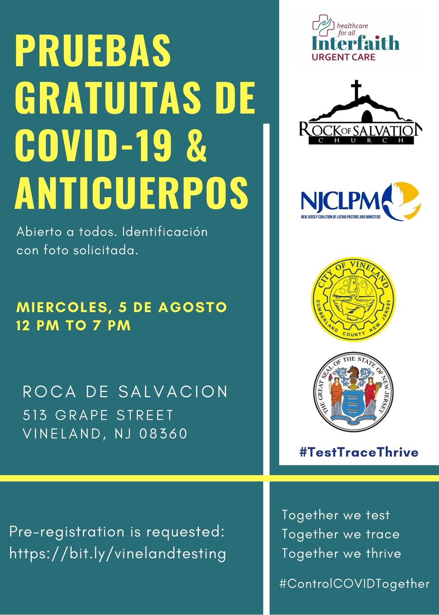 NJGov's tweet photo. PRUEBAS GRATUITAS de #COVID19 Y ANTICUERPOS EN VINELAND:
✅ Abierto a todos!
✅ El 5 de agosto
✅12:00 PM – 7:00 PM
✅ Rock of Salvation, 514 Grape St., Vineland, NJ 08360
✅ Para registrar: https://t.co/zsvQB3P3wT
#TestTraceThrive #ControlCOVIDTogether https://t.co/XttNHIc4Cy
