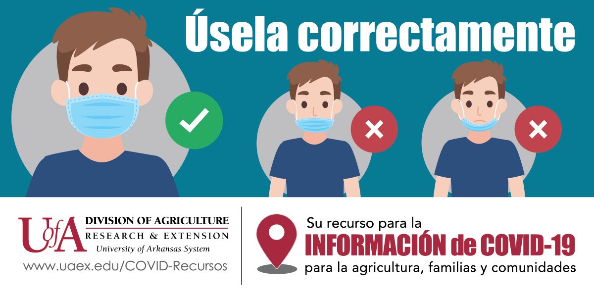 NWAPlantAgent's tweet photo. Asegúrese que la mascarilla está funcionando para proteger a las otras personas. Cubra su nariz y su boca para contener los gérmenes. #Arkansas #COVID19 #ProtectYourselfProtectOthers Visite: https://t.co/ihmgz02YR8. https://t.co/akhRlfepgV