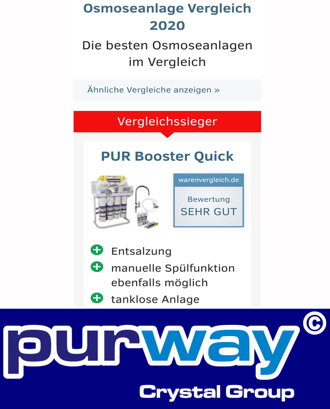 Osmoseanlagen Test Vergleich 2020
Die besten Osmoseanlagen im Vergleich
TESTSIEGER ist die pur Booster Quick von purway